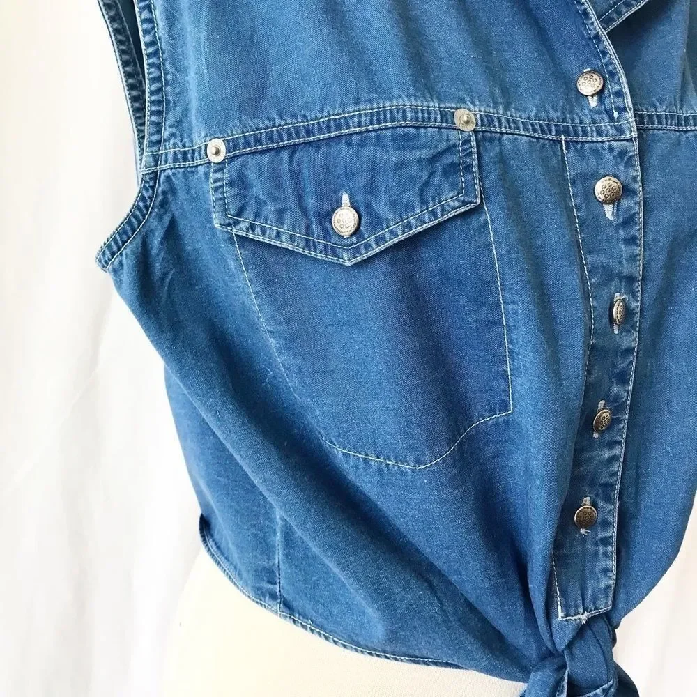 Vintage GUESS Denim Tie Front Top Y2K Western Retro Crop Shirt L - Picture 4 of 8